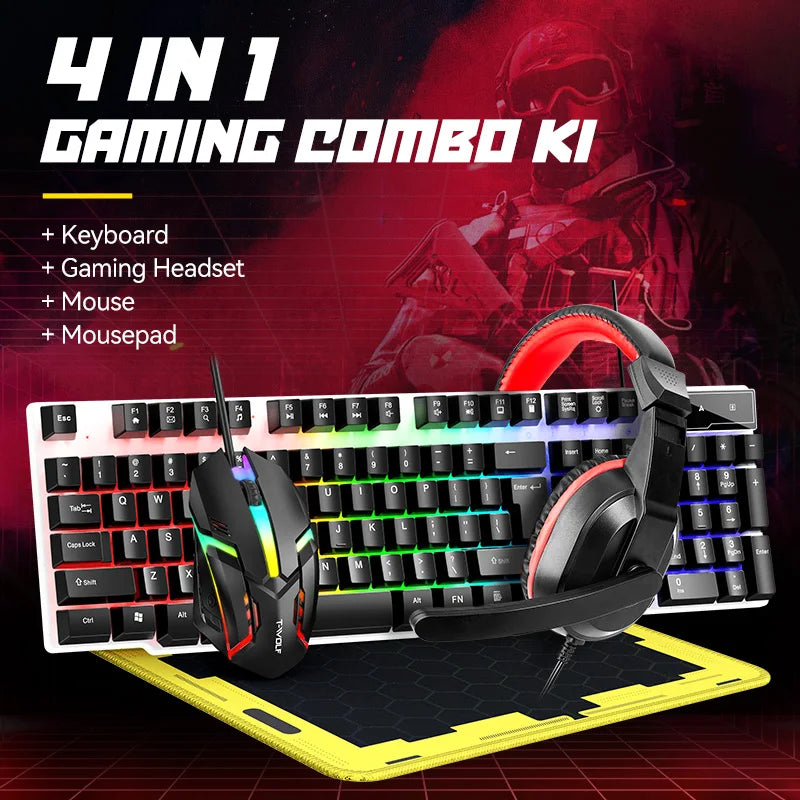 NEW USB Keyboard And Mouse Gaming Headset Combos 4 In 1 English Gaming Wired Keyboard Mouse Set With Mouse Pad and Headphones