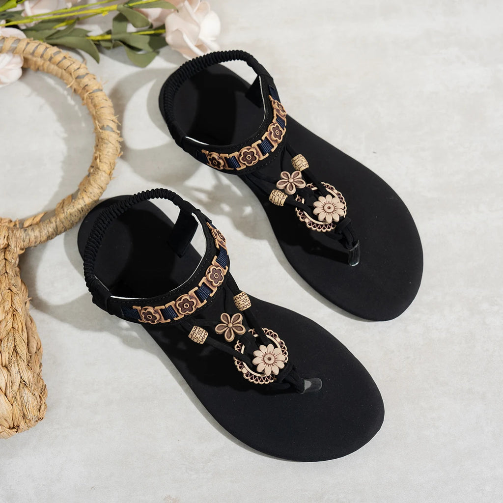 Women's fashionable round toe clip toe bohemian style one-piece elastic flat sandals