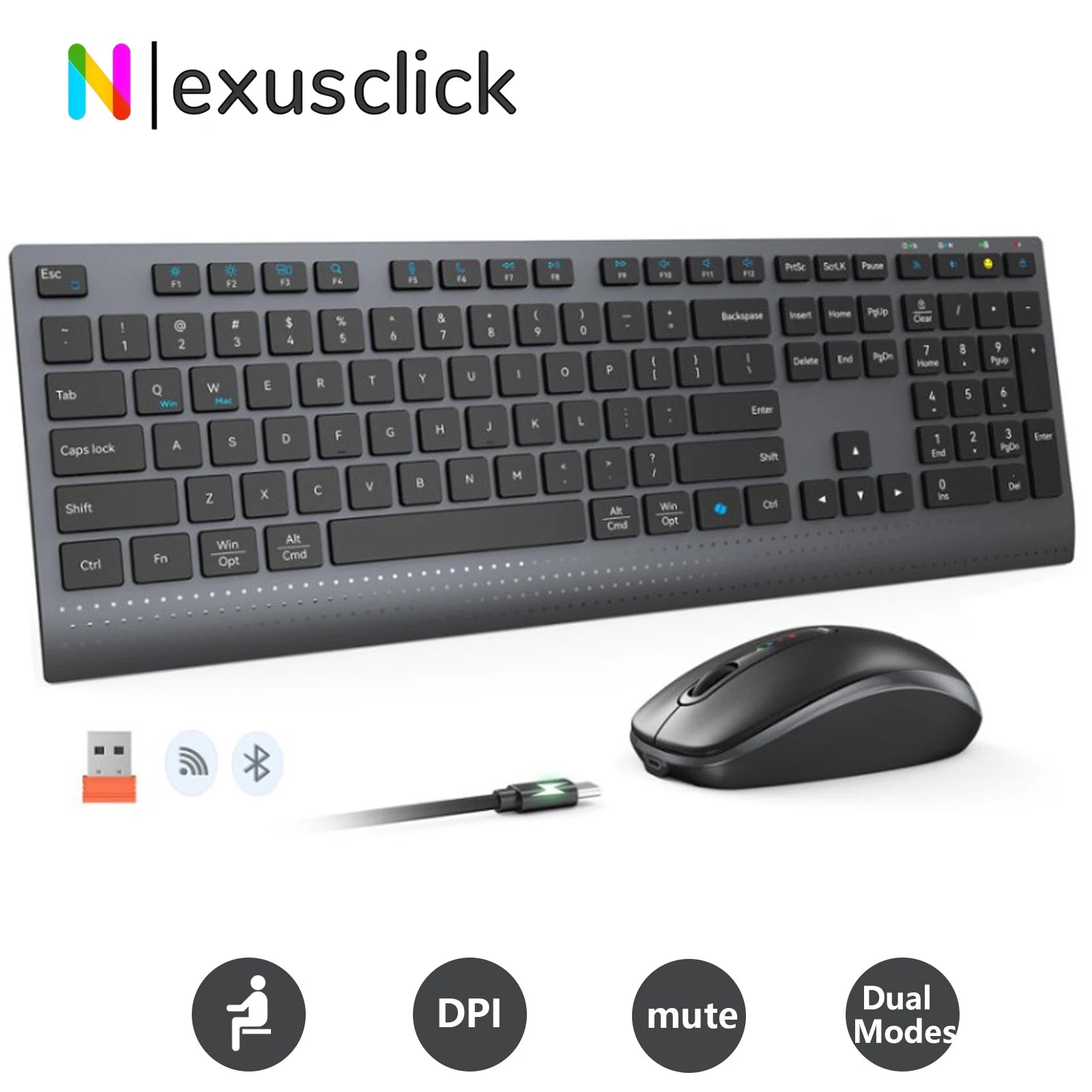 Dual-mode 2.4G Wireless Keyboard Mouse Combo Mute Rechargeable Keyboard Mouse Set With Multi-Function Keys for Windows PC Gamer