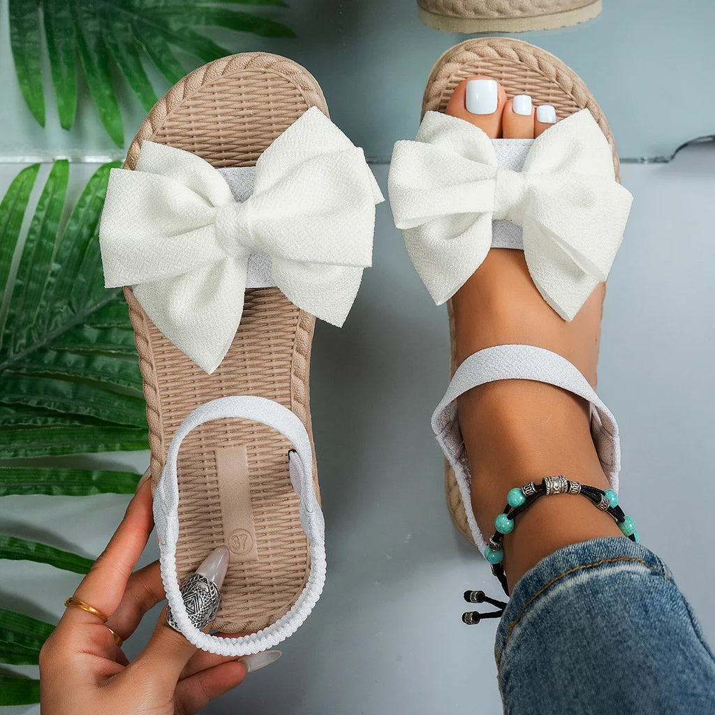 Women Sandals 2025 New Fashion Bow Tie Flat Home Shoes for Women Soft Outdoor Lightweight Beach Sandals Women Sandalias De Mujer