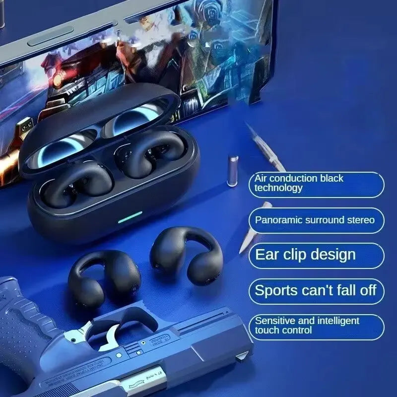 Bluetooth Headset 5.3 Wireless Bone Conduction Headphones Clip Ear Music Noise Canceling HD Call Sports Gaming Earphone