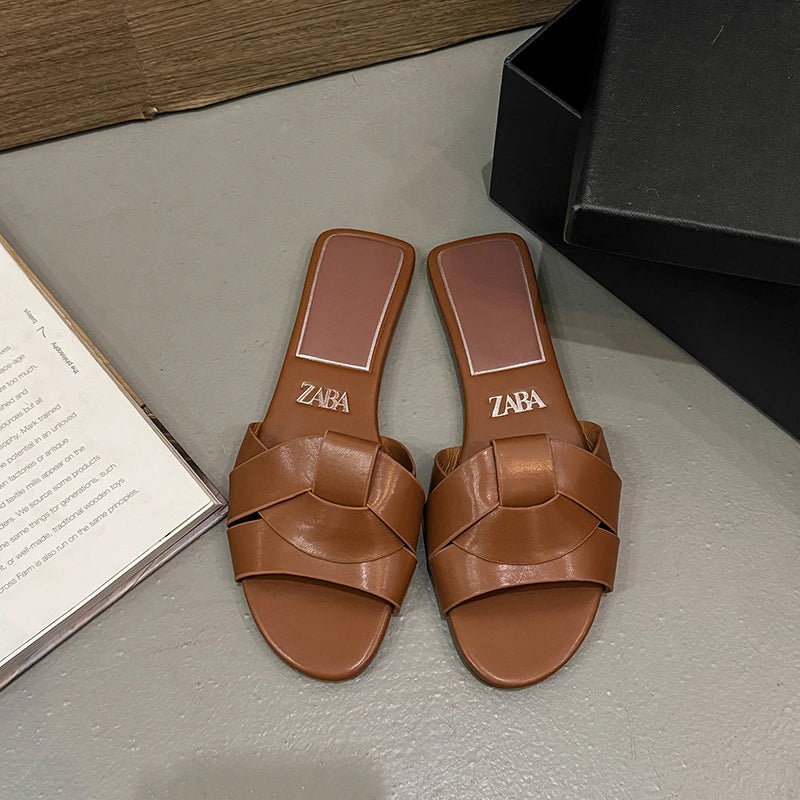 Luxury Designer Women's Sandals 2025 New Fashion Woven Comfortable Women's Sandals Casual Wine Red Summer Flat Women's Slippers