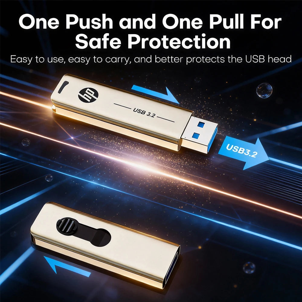 HP Flash Drive USB 3.2 X796W 32GB 64GB 128GB 256GB High-Speed Up To 120MB/s Push-Pull Metal Pendrive for Laptop PC Computer