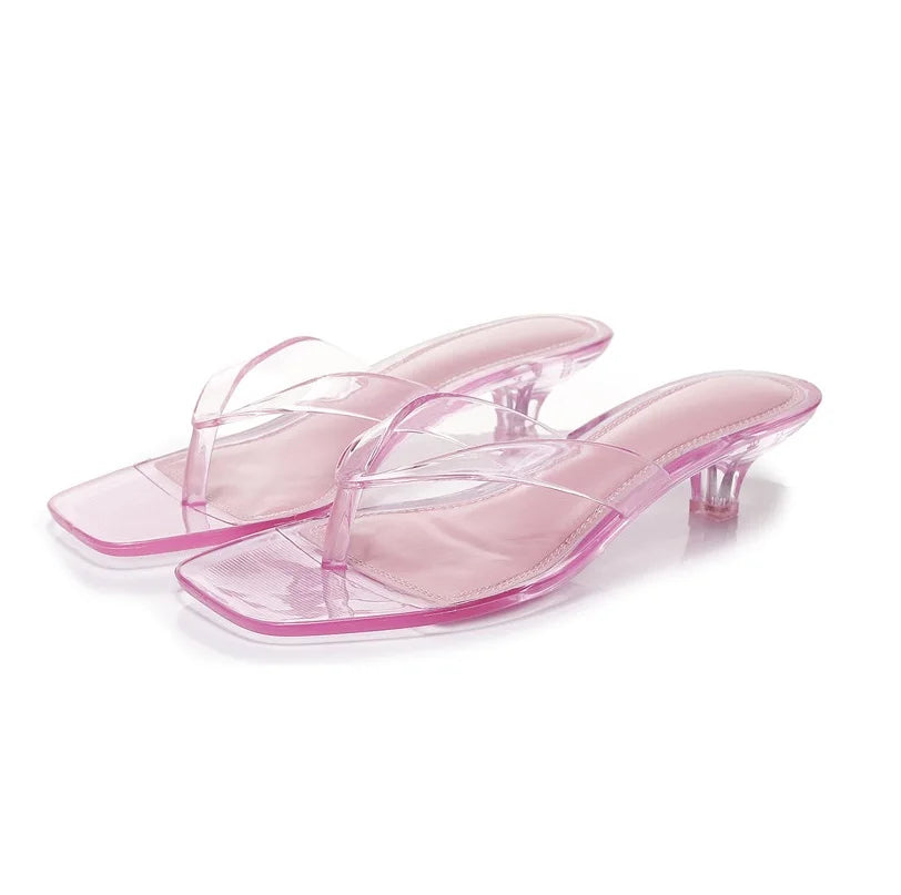 Vacation Elegant Thong Slides Women Heeled Sandals Square Toe Clear Brown Kitten Heel Summer Beach Party Shoes Woman Flip Flops