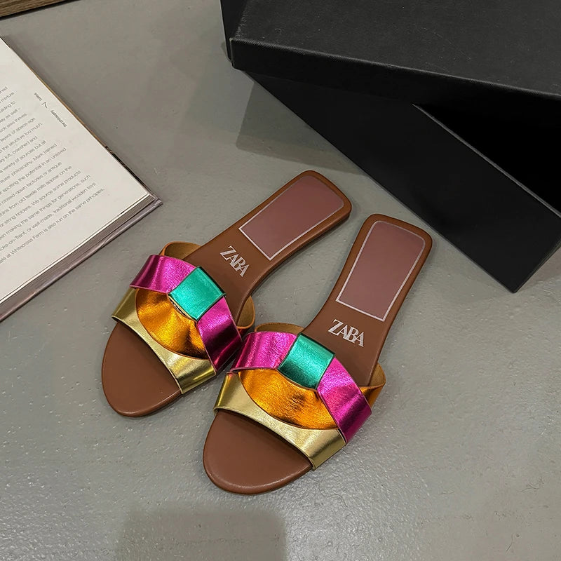 Luxury Designer Women's Sandals 2025 New Fashion Woven Comfortable Women's Sandals Casual Wine Red Summer Flat Women's Slippers