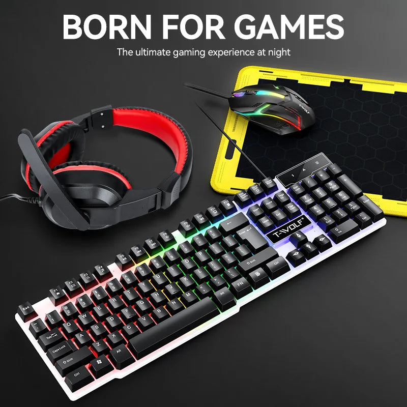 NEW USB Keyboard And Mouse Gaming Headset Combos 4 In 1 English Gaming Wired Keyboard Mouse Set With Mouse Pad and Headphones