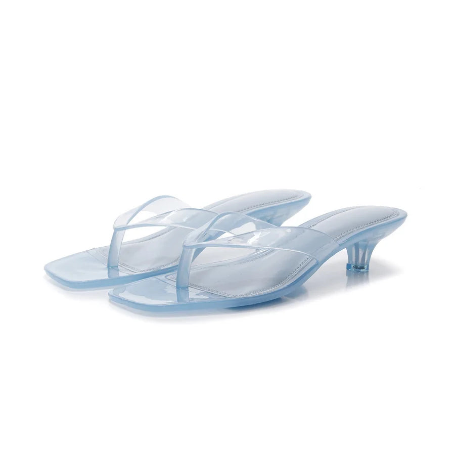 Vacation Elegant Thong Slides Women Heeled Sandals Square Toe Clear Brown Kitten Heel Summer Beach Party Shoes Woman Flip Flops