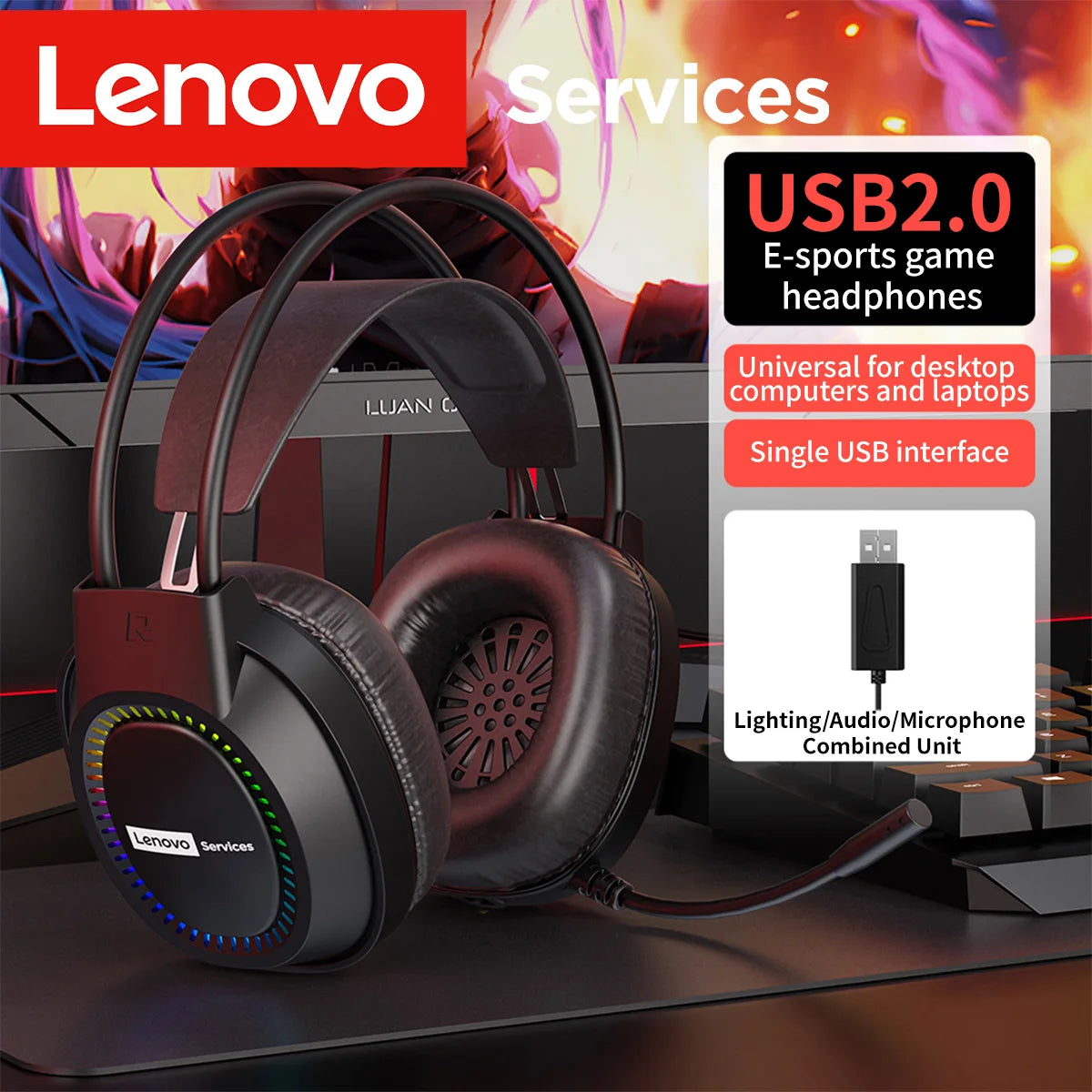 Lenovo Over-Ear Headphones with Microphone, Gaming Headphones, Rgb Lighting, Cool Colorful Lights, Suitable for Desktop and Laptop Computers, Comfortable, Sound-Isolating, and Noise-Cancelling