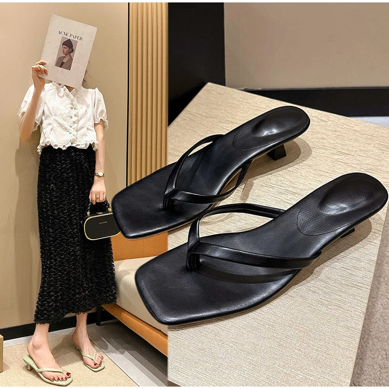 Brand Square Toe Flip Flops For Women Luxury High-end Leather Fashion Sandal Summer Clip Toe Comfort Low Heel Slides Casual Shoe
