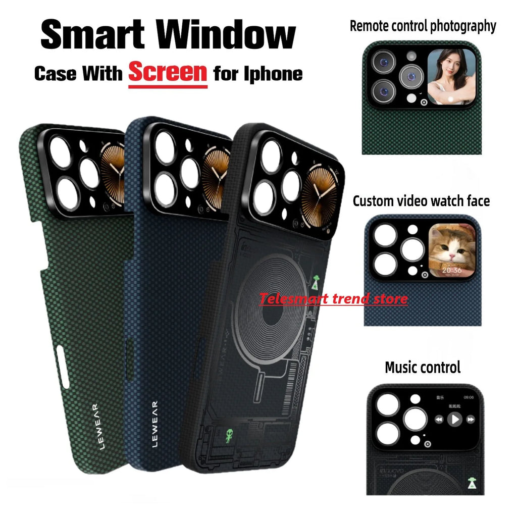 Top Kevlar Fiber Phone Case With Smart Window Touch Screen Music Control Touchscreen Smartphone Cases For IPHONE 16 Pro Max