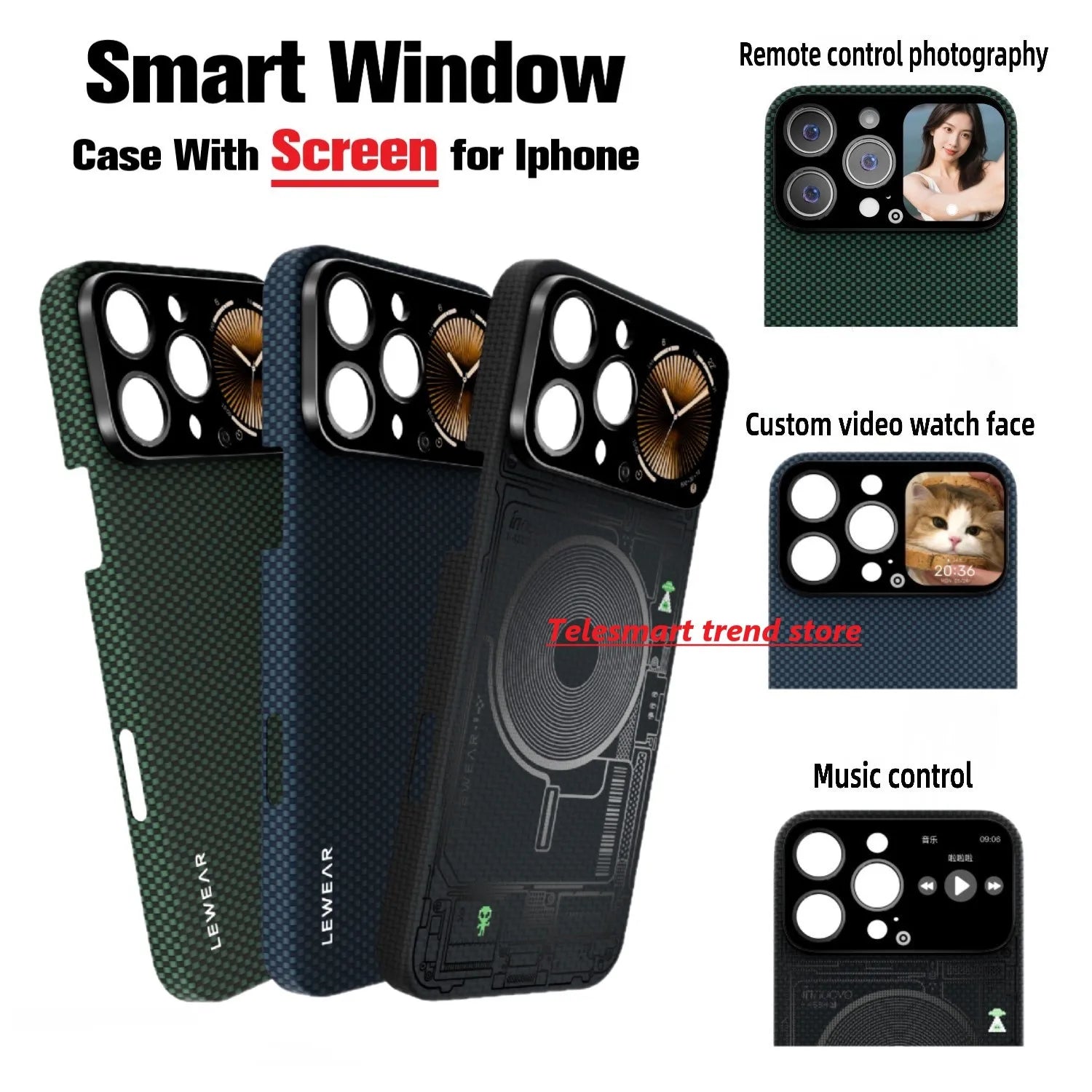 Top Kevlar Fiber Phone Case With Smart Window Touch Screen Music Control Touchscreen Smartphone Cases For IPHONE 16 Pro Max