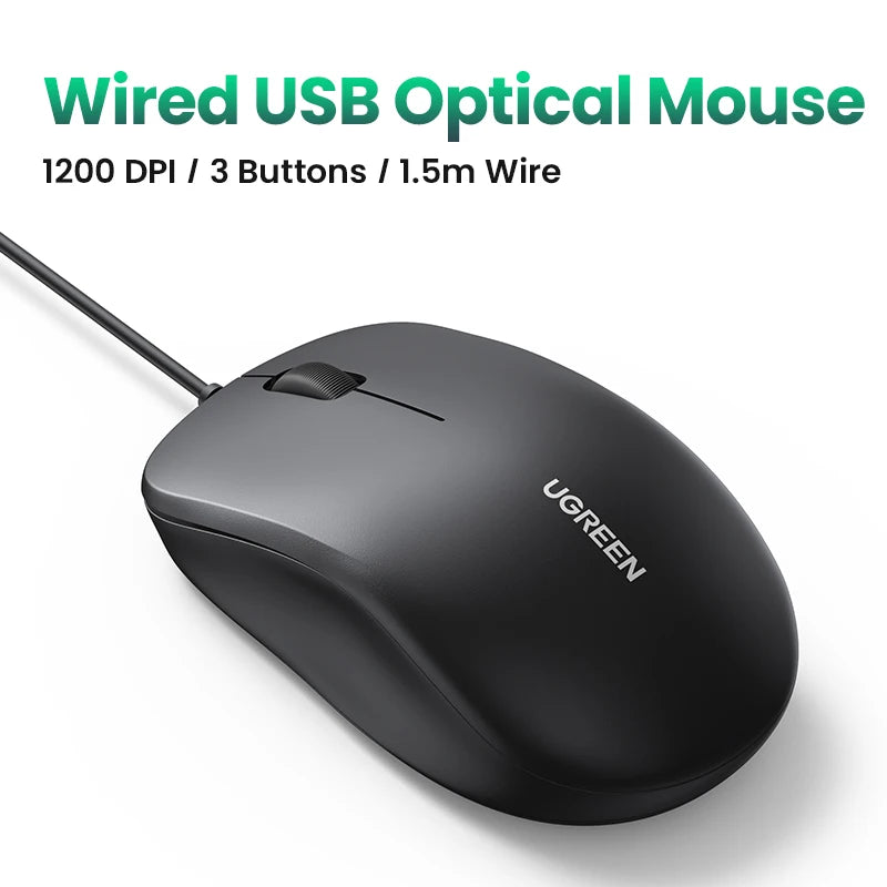 UGREEN USB Wired Mouse with Ergonomic Design 1200 DPI 3 Buttons Mouse for Laptops and PCs