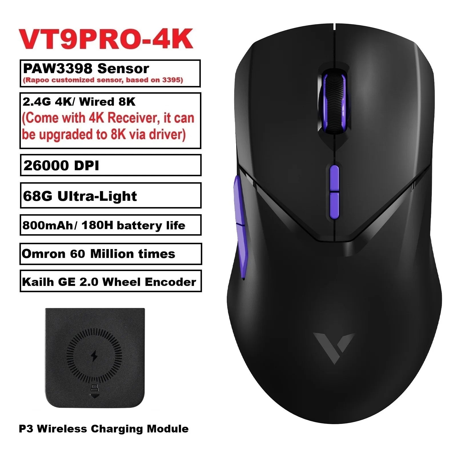 Rapoo VT9PRO PAW3398 Wireless Gaming Mouse 68g Wired Programmable Ergonomic Mice 26000DPI Type C Rechargeable Pc Gamer Accessory