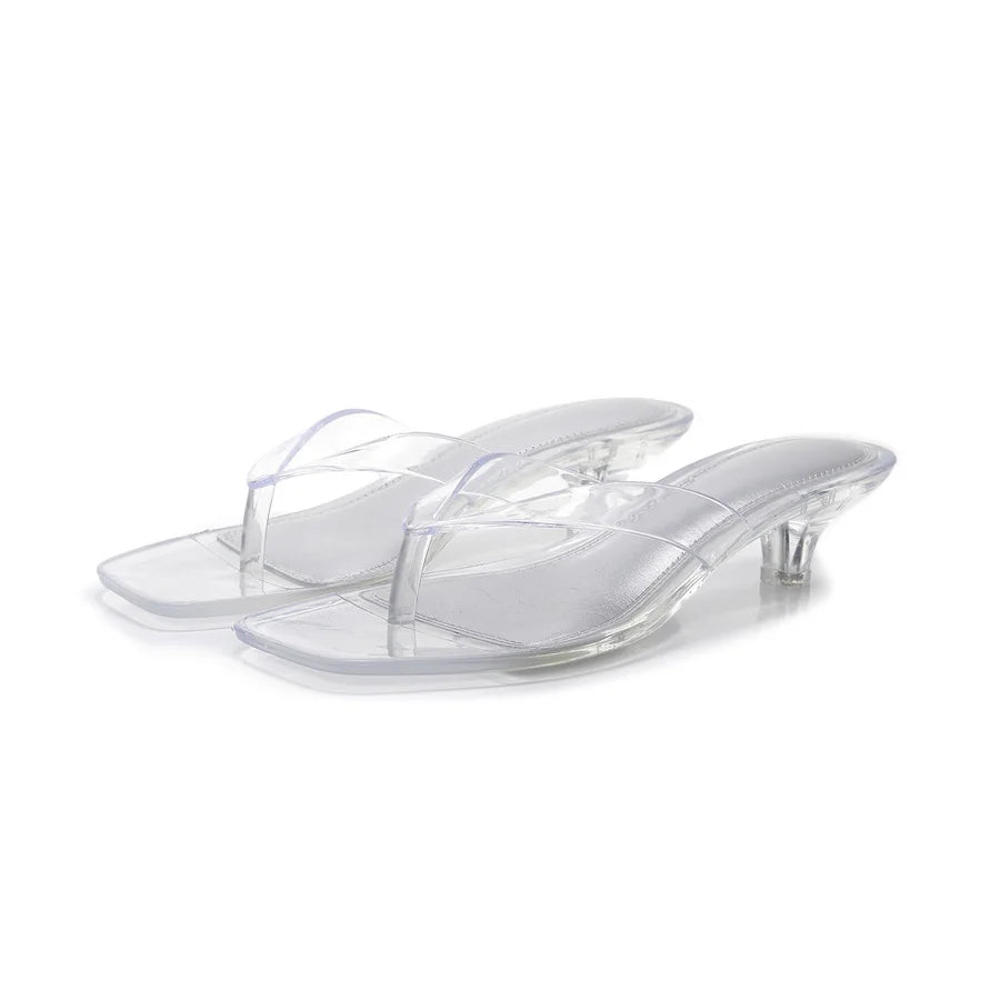 Vacation Elegant Thong Slides Women Heeled Sandals Square Toe Clear Brown Kitten Heel Summer Beach Party Shoes Woman Flip Flops