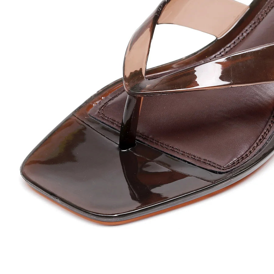 Vacation Elegant Thong Slides Women Heeled Sandals Square Toe Clear Brown Kitten Heel Summer Beach Party Shoes Woman Flip Flops