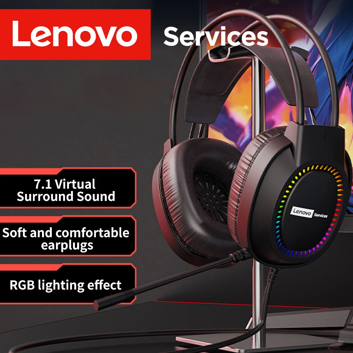 Lenovo Over-Ear Gaming Headset RGB Lighting Comfortable Sound-Isolating  Noise-Cancelling E-sport Earphone for PCs Laptops