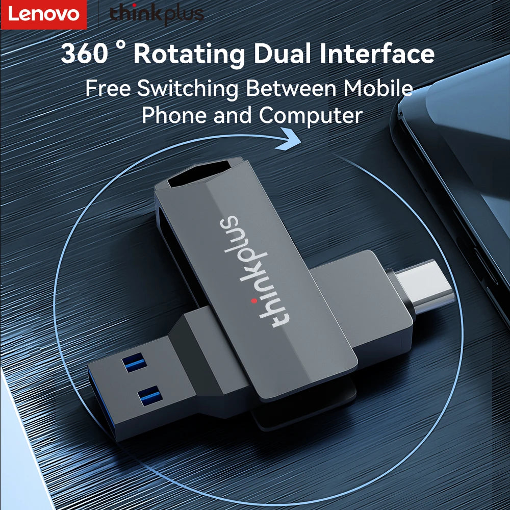 Lenovo USB Flash Drive, Type-C + USB-A Dual Interface, 360° Rotatable Design, High-Speed Data Storage,Universal Compatibility