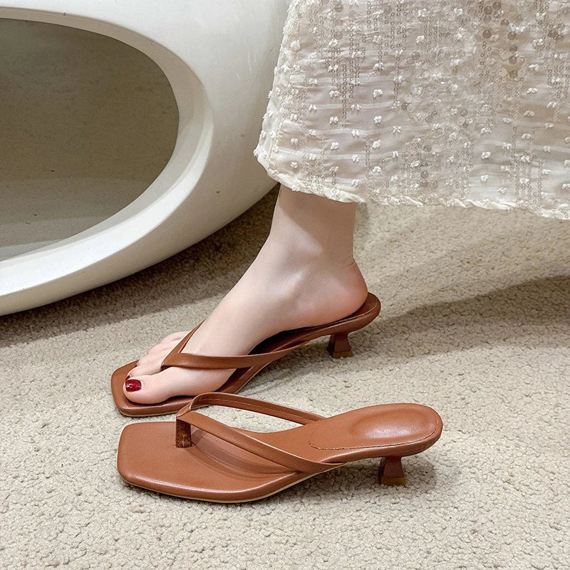 Brand Square Toe Flip Flops For Women Luxury High-end Leather Fashion Sandal Summer Clip Toe Comfort Low Heel Slides Casual Shoe