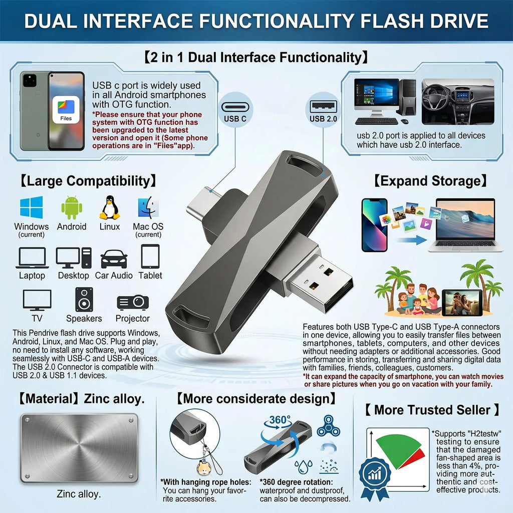 USB C Flash Drive Dual USB 2.0 Flash Drive Type C + USB A Portable Type-C Flash Drive 2-in-1 USB-C Thumb Drive 8GB 16GB 32GB