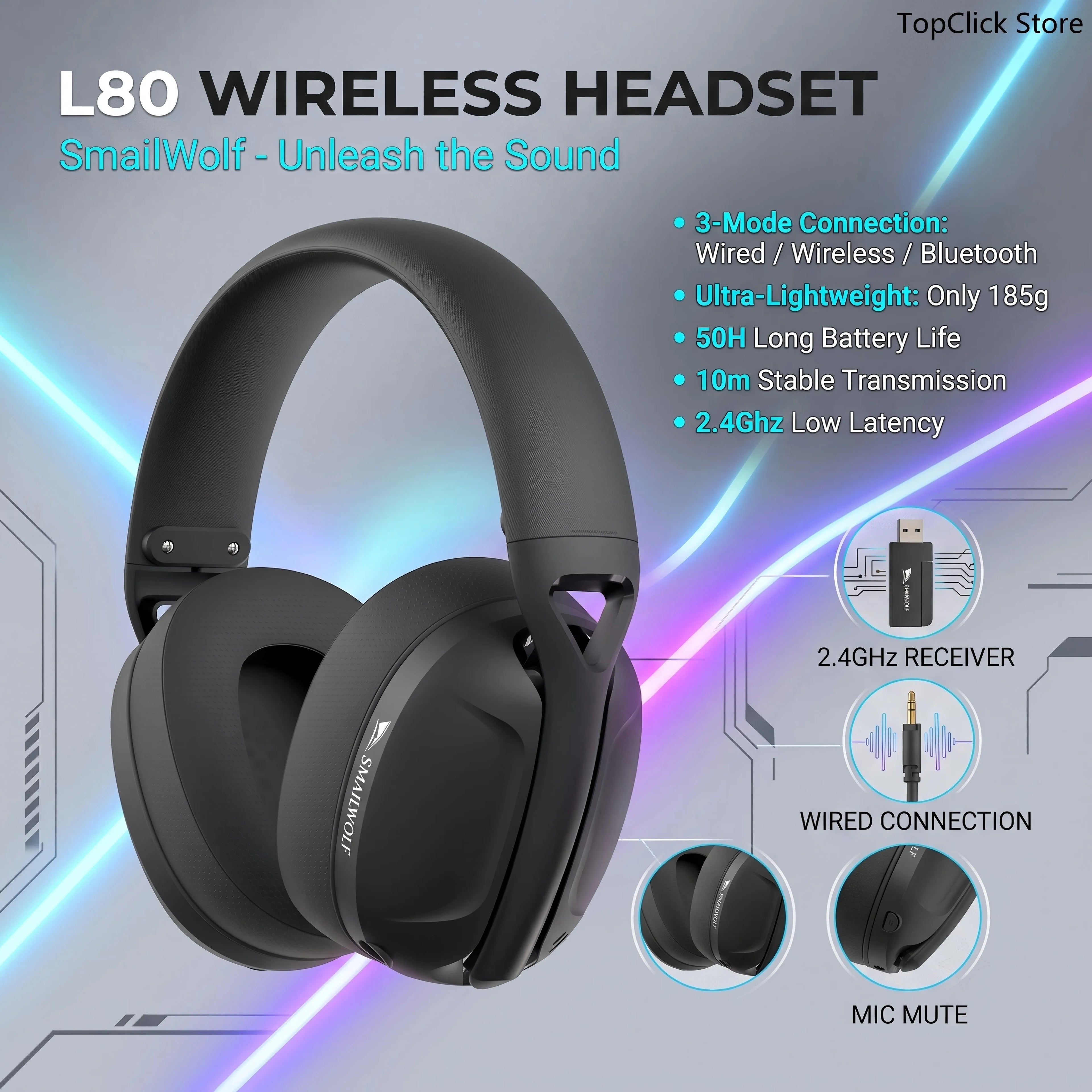 SMAILWOLF L80 Wireless Three-Mode Gaming Headset, 185g Ultra-Lightweight,Detachable Microphone, Compatible with PC/Mobile/Switch