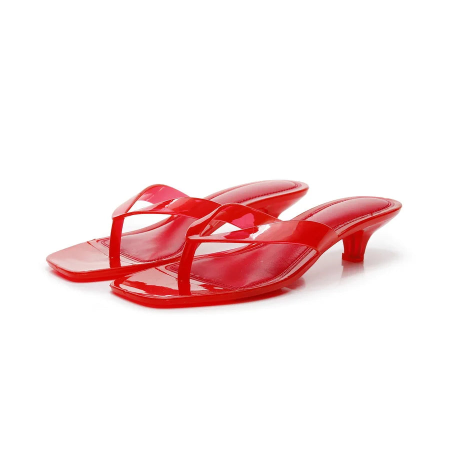 Vacation Elegant Thong Slides Women Heeled Sandals Square Toe Clear Brown Kitten Heel Summer Beach Party Shoes Woman Flip Flops