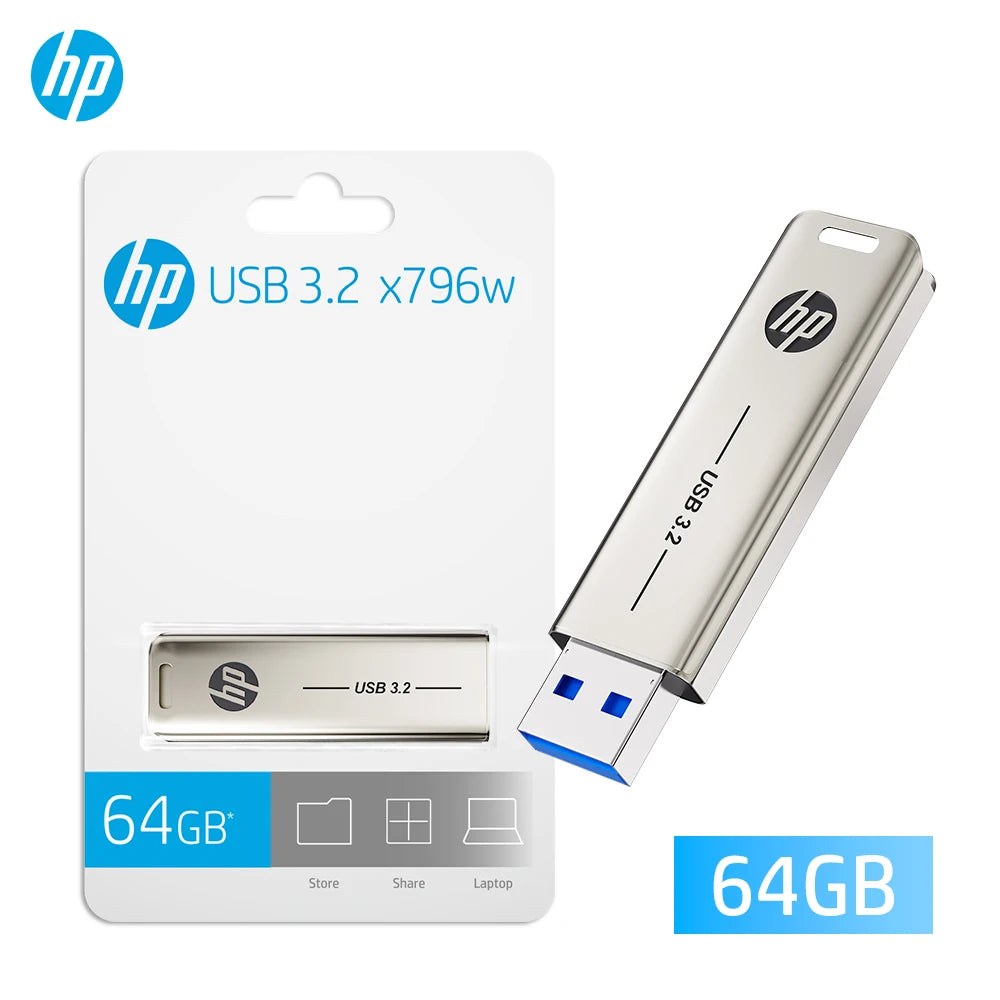HP Flash Drive USB 3.2 X796W 32GB 64GB 128GB 256GB High-Speed Up To 120MB/s Push-Pull Metal Pendrive for Laptop PC Computer