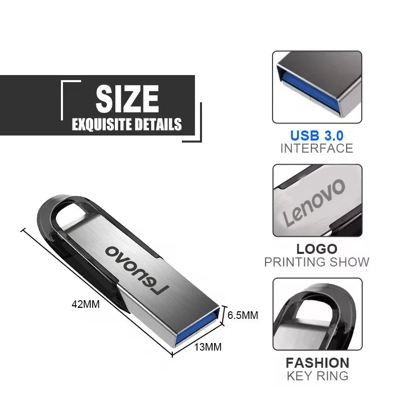 Lenovo USB 3.0 High-Speed Durable Data Storage Stick Pen Drive U Disk Multiple Capacities 512GB 256GB 128GB Metal Flash Drives