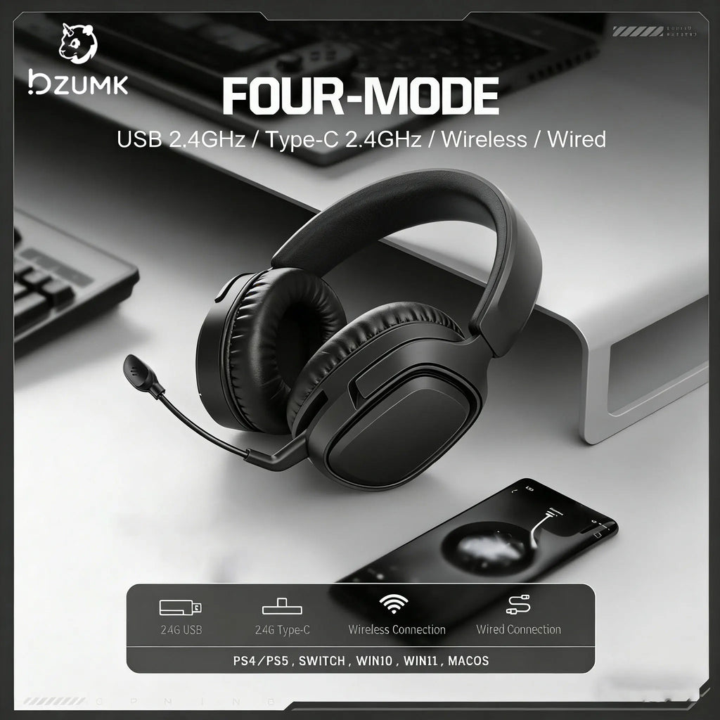 BZUMK GT808 Headset Style Three-Mode Headphones Adjustable Comfortable Padded Overhead Gaming Headsets with Microphone