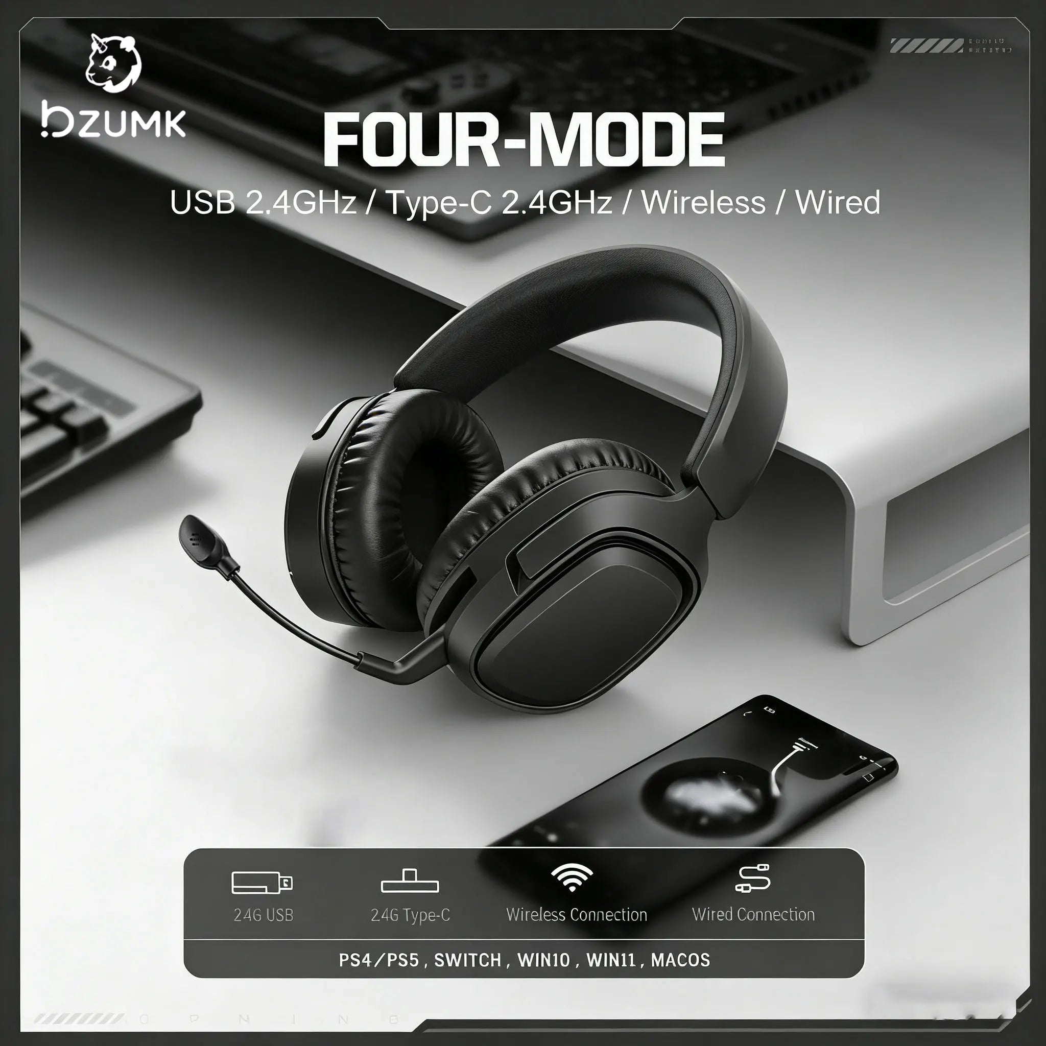 BZUMK GT808 Headset Style Three-Mode Headphones Adjustable Comfortable Padded Overhead Gaming Headsets with Microphone